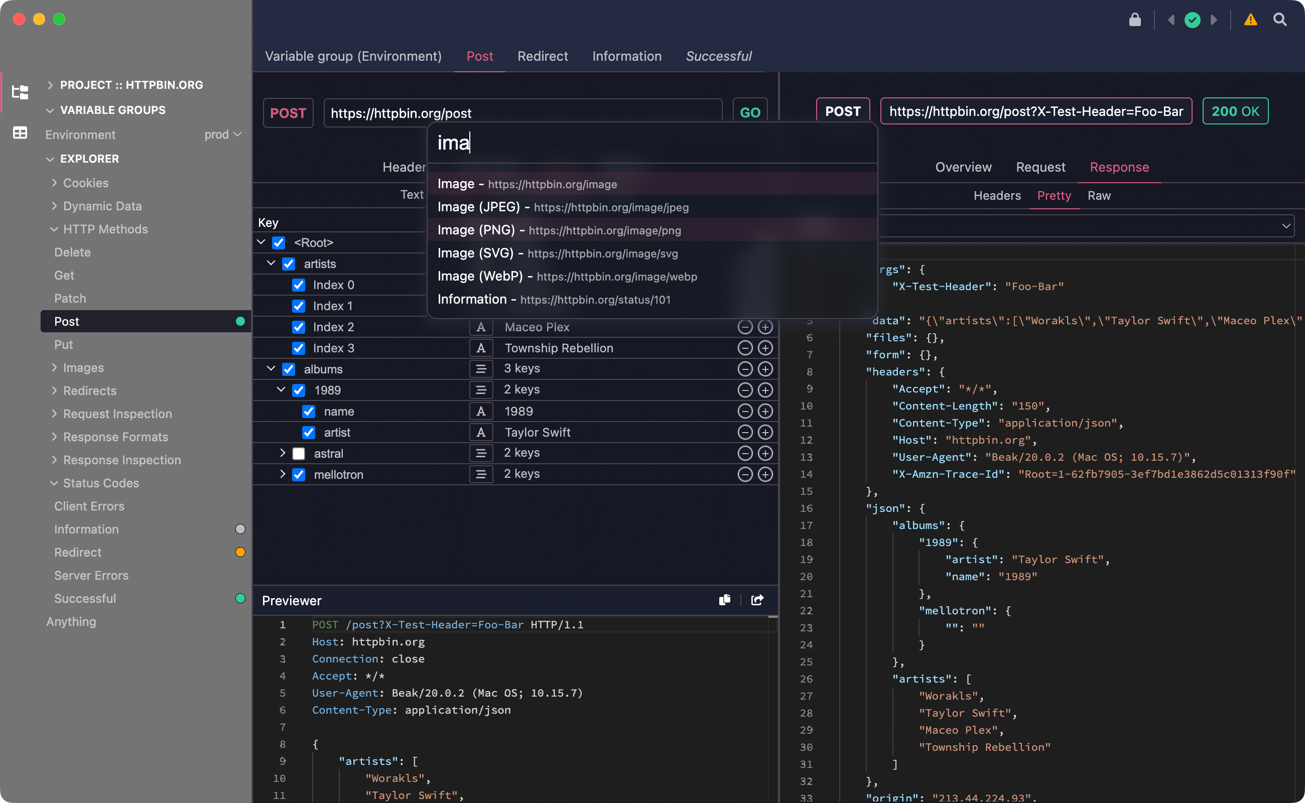 A preview of Beak, showing how a project, request, and response are displayed.